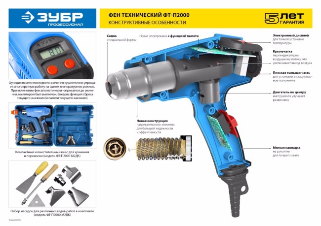 Фен технический (строительный), ЗУБР Профессионал ФТ-П2000 М2ДК, ЖК-дисплей, память темп-ры, 2 режима: 80-600 град, 220/550 л/мин, кейс, 2000 Вт,  ( ФТ-П2000 М2ДК )