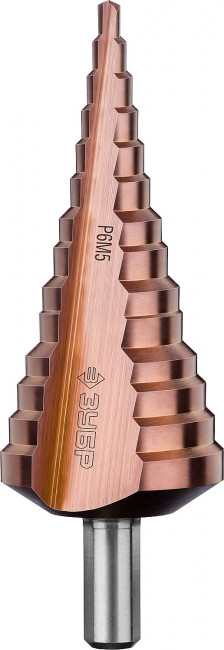 Сверло ЗУБР "КОБАЛЬТ" ступен. по сталям и цвет. мет. ст. Р6М5 с кобальт. покрыт., d=4-39мм,14ст. d=4-39, L-113мм, 3-хгран.хв.10мм,  ( 29672-4-39-14_z01 )