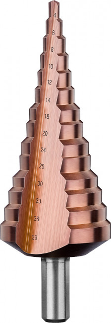 Сверло ЗУБР "КОБАЛЬТ" ступен. по сталям и цвет. мет. ст. Р6М5 с кобальт. покрыт., d=4-39мм,14ст. d=4-39, L-113мм, 3-хгран.хв.10мм,  ( 29672-4-39-14_z01 )