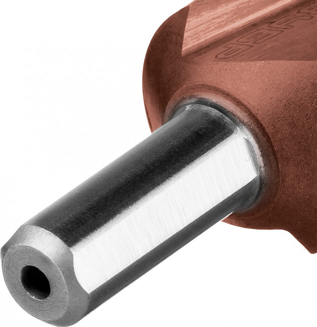 Сверло ЗУБР "КОБАЛЬТ" ступен. по сталям и цвет. мет. ст. Р6М5 с кобальт. покрыт., d=4-39мм,14ст. d=4-39, L-113мм, 3-хгран.хв.10мм,  ( 29672-4-39-14_z01 )