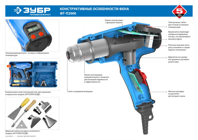 Фен технический (строительный), ЗУБР Профессионал ФТ-П2000 М2Д, керам изол-р, ЖК-диспл., память темп-ры, 2 режима: 80-600град, 220/550 л/мин, 2000Вт,  ( ФТ-П2000 М2Д )