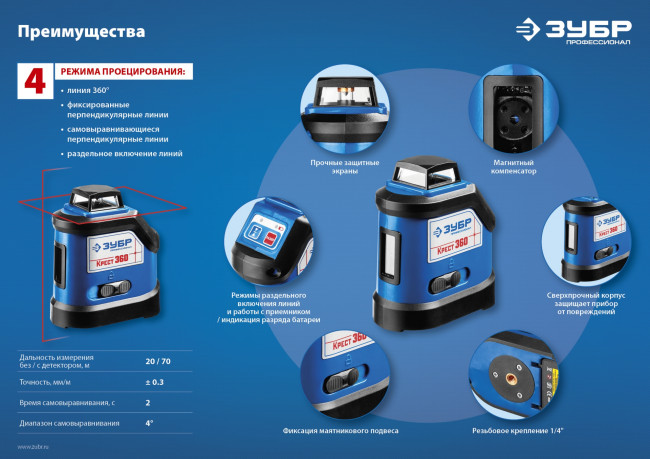 ЗУБР КРЕСТ 360 №2 нивелир лазерный 360°, 20м/70м, точн. +/-0,3 мм/м, штатив ( 34906-2 )