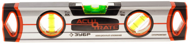 Уровень ЗУБР "ТОРПЕДО" "ACURATE 4" фрезерованный, особопрочный профиль из авиационного алюминия, 3 ампулы, 25см,  ( 34594-025 )