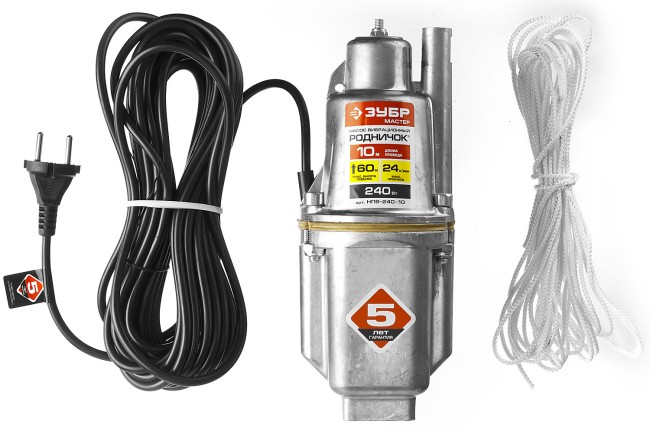Насос "Родничок" вибрационный, ЗУБР НПВ-240-10, шнур 10м, 240Вт, 24л/мин, напор 60м,погружной,для чистой воды,верх. забор, II класс эл/без-ти,  ( НПВ-240-10 )