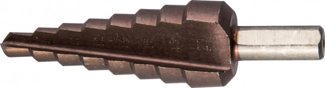 Сверло ЗУБР "КОБАЛЬТ" ступен. по сталям и цвет. мет. ст. Р6М5 с кобальт. покрыт., d=4-20мм, 9ст. d=4-20, L-75мм, 3-хгр.хв.8мм,  ( 29672-4-20-9_z01 )