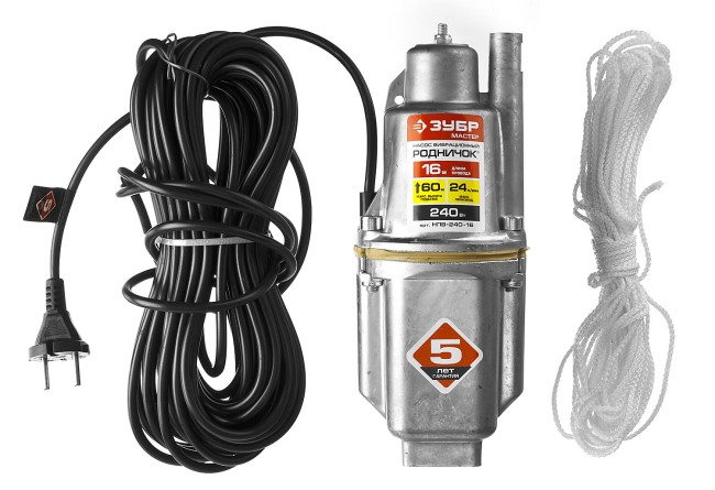 Насос "Родничок" вибрационный, ЗУБР НПВ-240-16, шнур 16м, 240Вт, 24л/мин, напор 60м,погружной,для чистой воды,верх. забор, II класс эл/без-ти,  ( НПВ-240-16 )