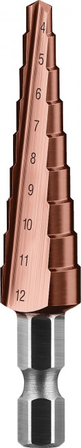 Сверло ЗУБР "КОБАЛЬТ" ступен. по сталям и цвет. мет. ст. Р6М5 с кобальт. покрыт., d=4-12мм, 9ст. d=4-12, L-65мм, 6-тигр.хв.1/4",  ( 29672-4-12-9_z01 )