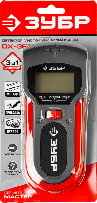 Металлодетектор многофункц, ЗУБР, 45265, ЖК дисплей, автокалибровка, металл(38мм), проводка(50мм), дерево(19мм),  ( 45265 )