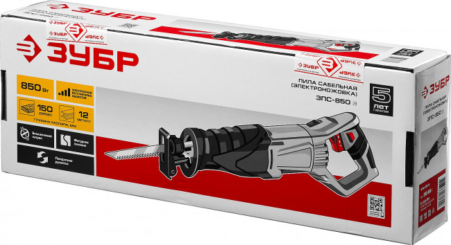 Пила сабельная (электроножовка), 850 Вт, 0-2800 ход/мин, рез 150 мм (дерево), 12 мм (сталь), ход штока 28 мм, ЗУБР, ( ЗПС-850 Э )