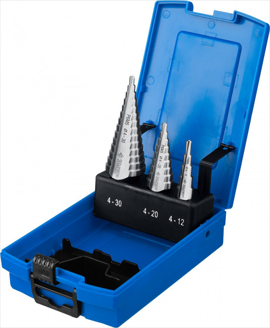 Набор ЗУБР ступенчатых сверл по сталям и цвет. мет. ст. Р6М5, d=4-12мм, 5 ступ. d=4-20мм 9 ступ., d=4-30мм 14ступ.,  ( 29670-4-30-H3_z01 )