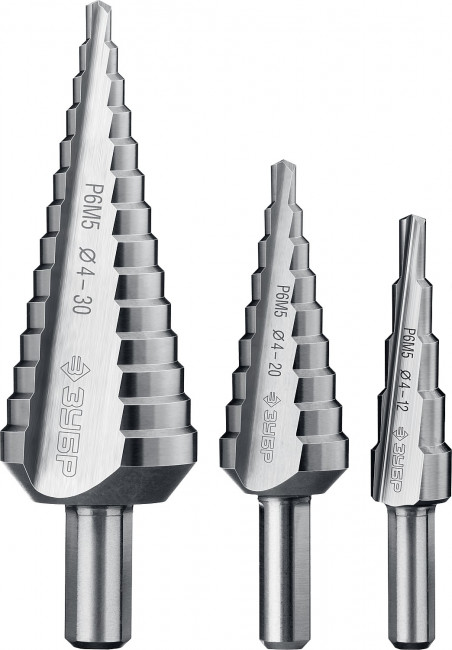 Набор ЗУБР ступенчатых сверл по сталям и цвет. мет. ст. Р6М5, d=4-12мм, 5 ступ. d=4-20мм 9 ступ., d=4-30мм 14ступ.,  ( 29670-4-30-H3_z01 )