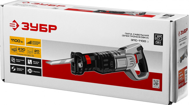 Пила сабельная (электроножовка), ЗУБР ЗПС-1100 Э, 1100 Вт, 800-2700 ход/мин, рез 230 мм (дерево), 20 мм (сталь), ход штока 29 мм,  ( ЗПС-1100 Э )