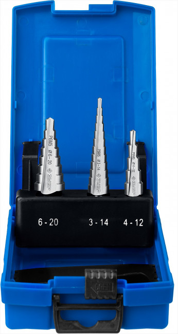 Набор ЗУБР ступенчатых сверл по сталям и цвет. мет. ст. Р6М5, d=3-14мм, 12ступ. d=4-12мм 5 ступ., d=6-20мм 14ступ., ( 29670-3-20-H3_z01 ) Набор ЗУБР ступенчатых сверл по сталям и цвет. мет. ст. Р6М5, d=3-14мм, 12ступ. d=4-12мм 5 ступ., d=6-20мм 14ступ., ( 29670-3-20-H3_z01 )