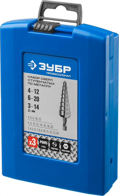 Набор ЗУБР ступенчатых сверл по сталям и цвет. мет. ст. Р6М5, d=3-14мм, 12ступ. d=4-12мм 5 ступ., d=6-20мм 14ступ., ( 29670-3-20-H3_z01 ) Набор ЗУБР ступенчатых сверл по сталям и цвет. мет. ст. Р6М5, d=3-14мм, 12ступ. d=4-12мм 5 ступ., d=6-20мм 14ступ., ( 29670-3-20-H3_z01 )