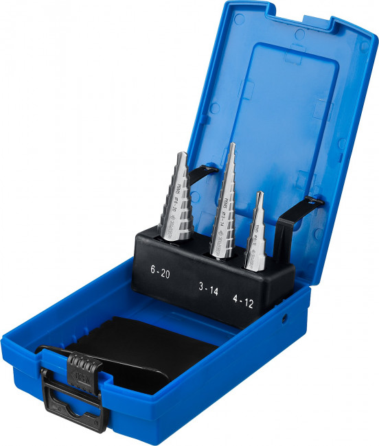 Набор ЗУБР ступенчатых сверл по сталям и цвет. мет. ст. Р6М5, d=3-14мм, 12ступ. d=4-12мм 5 ступ., d=6-20мм 14ступ., ( 29670-3-20-H3_z01 ) Набор ЗУБР ступенчатых сверл по сталям и цвет. мет. ст. Р6М5, d=3-14мм, 12ступ. d=4-12мм 5 ступ., d=6-20мм 14ступ., ( 29670-3-20-H3_z01 )