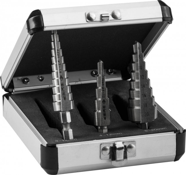 Набор ЗУБР ступенчатых сверл по сталям и цвет. мет. ст. Р6М5, d=3-14мм, 12ступ. d=4-12мм 5 ступ., d=6-20мм 14ступ., ( 29670-3-20-H3_z01 ) Набор ЗУБР ступенчатых сверл по сталям и цвет. мет. ст. Р6М5, d=3-14мм, 12ступ. d=4-12мм 5 ступ., d=6-20мм 14ступ., ( 29670-3-20-H3_z01 )