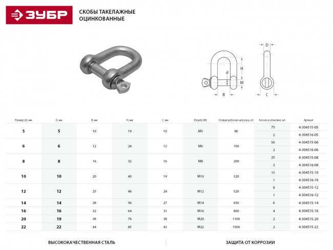 Скоба такелажная, 10мм, 15 шт, тип прямой, оцинкованная, ЗУБР,  ( 4-304515-10 )