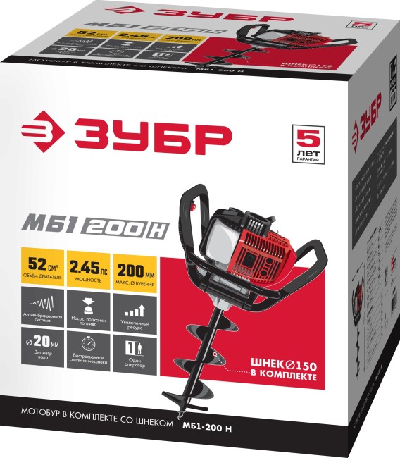 Мотобур (бензобур), d=60-200 мм, 52 см3, 1 оператор, ЗУБР, ( МБ1-200 ) Мотобур (бензобур), d=60-200 мм, 52 см3, 1 оператор, ЗУБР, ( МБ1-200 )