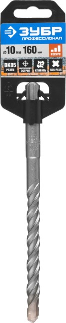 Бур ЗУБР "ПРОФЕССИОНАЛ" по бетону, хвостовик "SDS-Plus", самоцентрирующий наконечник, спиральS4, 10x160мм,  ( 29314-160-10_z01 )