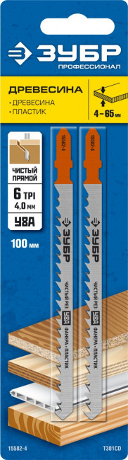 Полотна ЗУБР "ПРОФЕССИОНАЛ", T301CD, для эл/лобзика, Cr-V, по дереву, T-хвост., шаг 4мм, 100мм, 2шт,  ( 15582-4_z02 )
