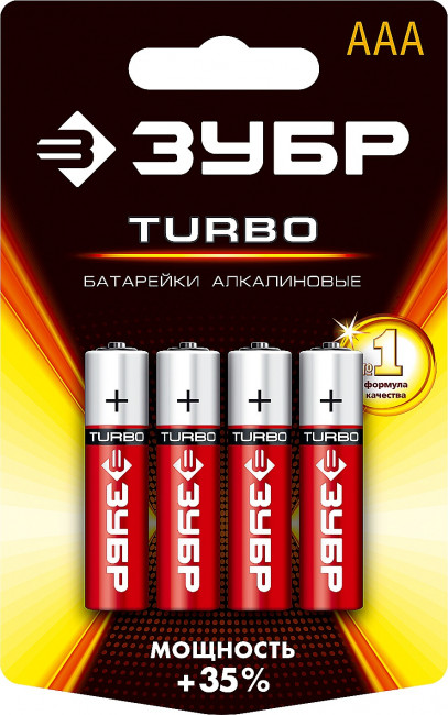 Щелочная батарейка 1.5 В, тип ААА, 4 шт, ЗУБР Turbo, 59211-4C_z01 Щелочная батарейка 1.5 В, тип ААА, 4 шт, ЗУБР Turbo, 59211-4C_z01
