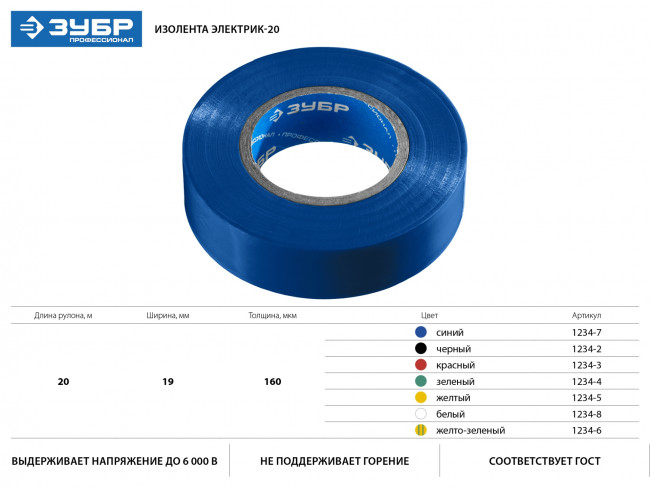 ЗУБР Электрик-20 Изолента ПВХ, не поддерживает горение, 20м (0,16x19мм), желтая ( 1234-5_z02 )