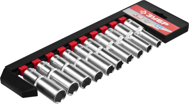 Набор ЗУБР "МАСТЕР": Торцовые головки (1/2") удлиненные на пластиковом рельсе, Cr-V, 10-19мм, 10 предметов,  ( 27653-H10 )