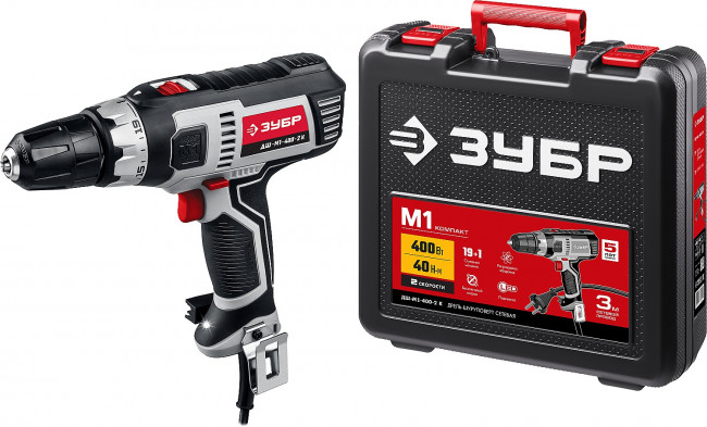 ЗУБР ДШ-М1-400-2 К дрель-шуруповерт сетевая, 400 Вт, 0-450/0-1800 об/мин, в кейсе ( ДШ-М1-400-2 К )