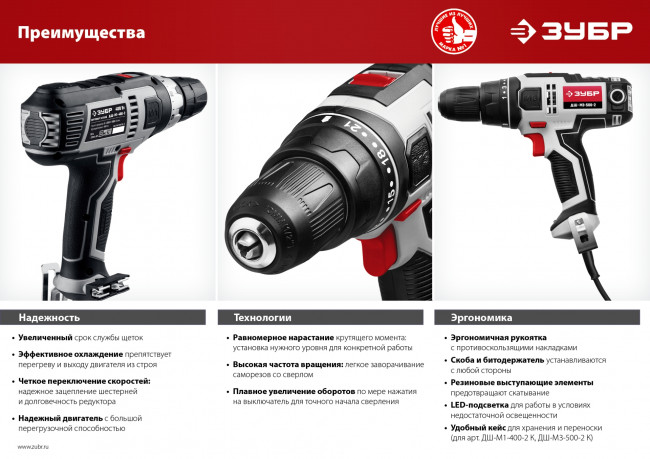 ЗУБР ДШ-М1-400-2 К дрель-шуруповерт сетевая, 400 Вт, 0-450/0-1800 об/мин, в кейсе ( ДШ-М1-400-2 К )