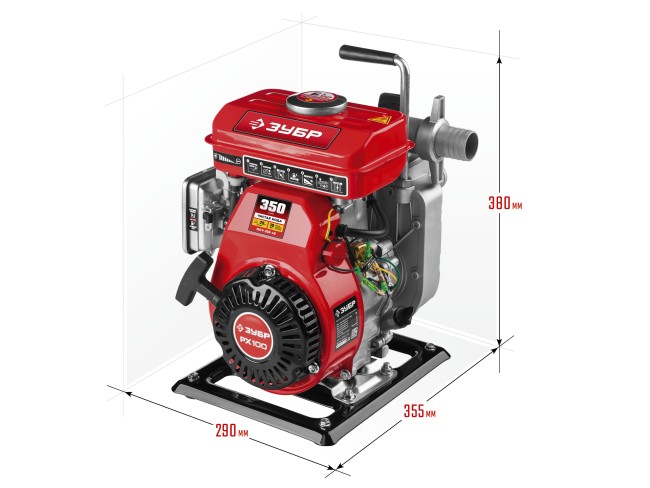 Мотопомпа бензиновая, ЗУБР, 350 л/мин (21 м3/ч), патрубки 40 мм, напор 25 м, всасывание 7 м,  ( МПЧ-350-40 )