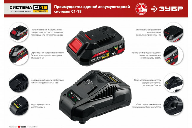 Аккумуляторная батарея ЗУБР 18В, Li-Ion, 2Ач, тип С1 АКБ-С1-18-2