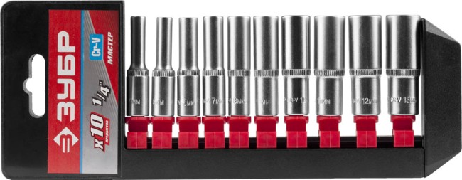 Набор ЗУБР "МАСТЕР": Торцовые головки (1/4") удлиненные на пластиковом рельсе, Cr-V, 4-13мм, 10 предметов ,  ( 27657-H10 )