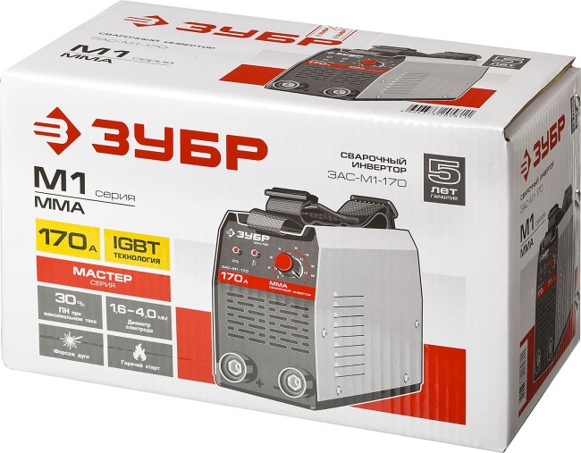 Инвертор сварочный, ЗУБР ЗАС-М1-170, 170А, MMA, IGBT, ПВ 30%, принуд обдув, Форсаж дуги, Горячий старт, Антиприлипание эл-да, 220В (мин 160В),  ( ЗАС-М1-170 ) Инвертор сварочный, ЗУБР ЗАС-М1-170, 170А, MMA, IGBT, ПВ 30%, принуд обдув, Форсаж дуги, Горячий старт, Антиприлипание эл-да, 220В (мин 160В),  ( ЗАС-М1-170 )