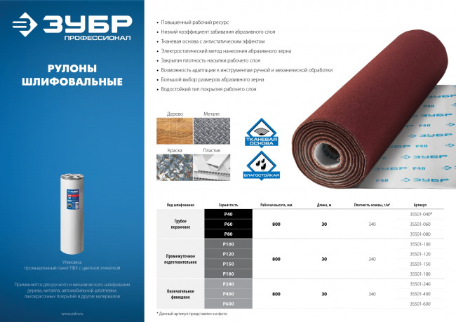 Р180, 800 мм рулон шлифовальный, на тканевой основе, водостойкий, 30 м, ЗУБР Профессионал,  ( 35501-180 )
