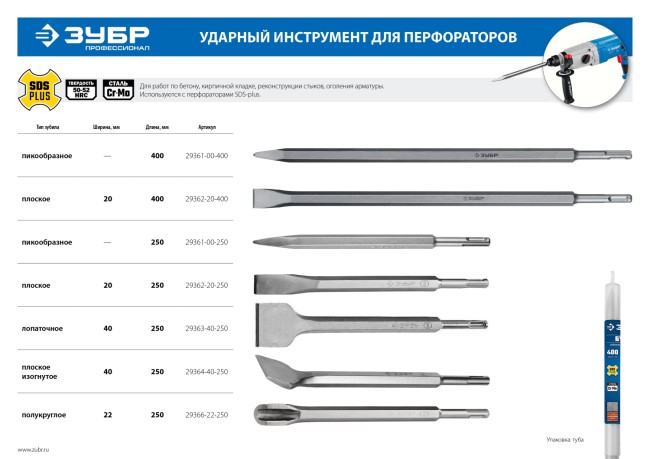 ЗУБР SDS-plus Зубило пикообразное 250 мм,  ( 29361-00-250 )