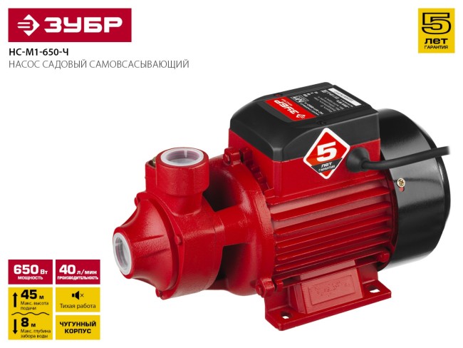 Насос М1 садовый поверхностный, ЗУБР НС-М1-650-Ч, самовсасывающий, 650 Вт, пропускная способность 40 л/мин, напор 45 м, корпус из чугуна,  ( НС-М1-650-Ч )