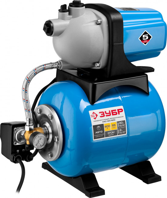 Станция насосная ЗУБР "МАСТЕР" М3 автоматическая, 800 Вт, пропускная способность 55 л/мин, напор 40 м, бак 20 л,  ( НАС-М3-800 )