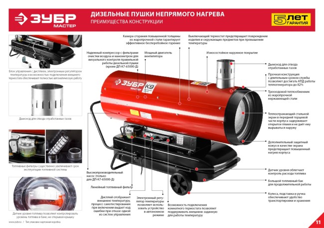 Пушка дизельная тепловая, ЗУБР ДПН-К9-21000-Д, 220 В, 21 кВт, 1000 м.куб/час, 55.5 л, 1.7 кг/ч, дисплей, подкл. внешн термост, датчик уровня топлива,  ( ДПН-К9-21000-Д )