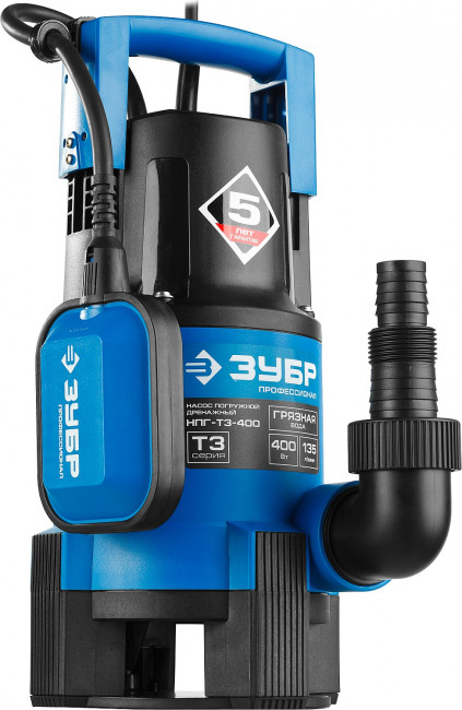 Насос Т3 погружной, ЗУБР Профессионал НПГ-Т3-400, дренаж. для грязной воды (d частиц до 35мм), 400Вт, пропуск способн 135л/мин, напор 5м, провод 10м,  ( НПГ-Т3-400 )