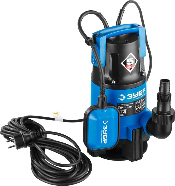 Насос Т3 погружной, ЗУБР Профессионал НПГ-Т3-400, дренаж. для грязной воды (d частиц до 35мм), 400Вт, пропуск способн 135л/мин, напор 5м, провод 10м,  ( НПГ-Т3-400 )