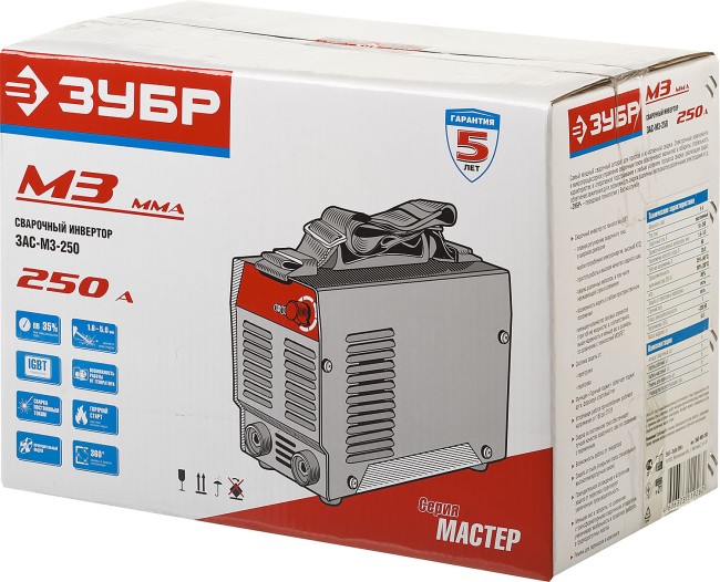 Инвертор сварочный, ЗУБР ЗАС-М3-250, М3, 250А, MMA, IGBT, Горячий старт, ПВ-25%, 220В (мин 160В),  ( ЗАС-М3-250 ) Инвертор сварочный, ЗУБР ЗАС-М3-250, М3, 250А, MMA, IGBT, Горячий старт, ПВ-25%, 220В (мин 160В),  ( ЗАС-М3-250 )