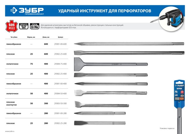 ЗУБР SDS-max Зубило пикообразное 280 мм,  ( 29381-00-280 )