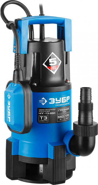 Насос Т3 погружной, ЗУБР Профессионал НПГ-Т3-550, дренаж. для грязной воды (d частиц до 35мм), 550Вт, пропуск способн 170л/мин, напор 7м, провод 10м,  ( НПГ-Т3-550 )