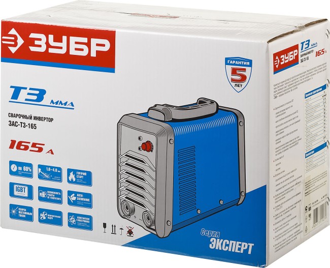Инвертор сварочный, ЗУБР Профессионал ЗАС-Т3-165, 165А, MMA,IGBT,Форсаж дуги,Горячий старт,Антиприлипание эл-да,ПВ-60%,220В (мин 160В),  ( ЗАС-Т3-165 ) Инвертор сварочный, ЗУБР Профессионал ЗАС-Т3-165, 165А, MMA,IGBT,Форсаж дуги,Горячий старт,Антиприлипание эл-да,ПВ-60%,220В (мин 160В),  ( ЗАС-Т3-165 )