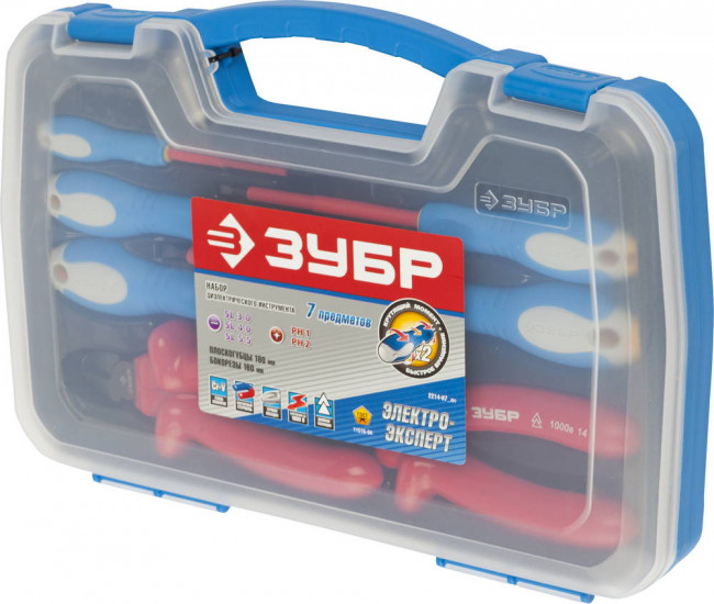 Набор: Губцевый инструмент, диэлектрический, высоковольтный до ~1000В, маслобензостойкая рукоятка, 7предм, ЗУБР Профессионал 2214-H7,  ( 2214-H7_z01 )