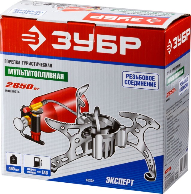 Горелка ЗУБР "ЭКСПЕРТ" туристическая мультитопливная, бензин или газ, в кейсе,  ( 68202 )
