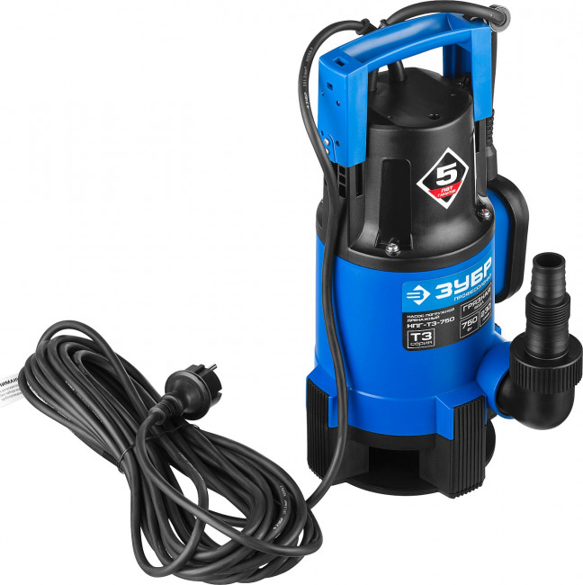 Насос Т3 погружной, ЗУБР Профессионал НПГ-Т3-750, дренаж. для грязной воды (d частиц до 35мм), 750Вт, пропуск способн 230л/мин, напор 8м, провод 10м,  ( НПГ-Т3-750 )