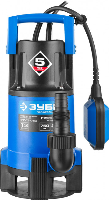 Насос Т3 погружной, ЗУБР Профессионал НПГ-Т3-750, дренаж. для грязной воды (d частиц до 35мм), 750Вт, пропуск способн 230л/мин, напор 8м, провод 10м,  ( НПГ-Т3-750 )