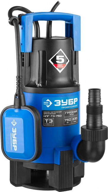 Насос Т3 погружной, ЗУБР Профессионал НПГ-Т3-750, дренаж. для грязной воды (d частиц до 35мм), 750Вт, пропуск способн 230л/мин, напор 8м, провод 10м,  ( НПГ-Т3-750 )