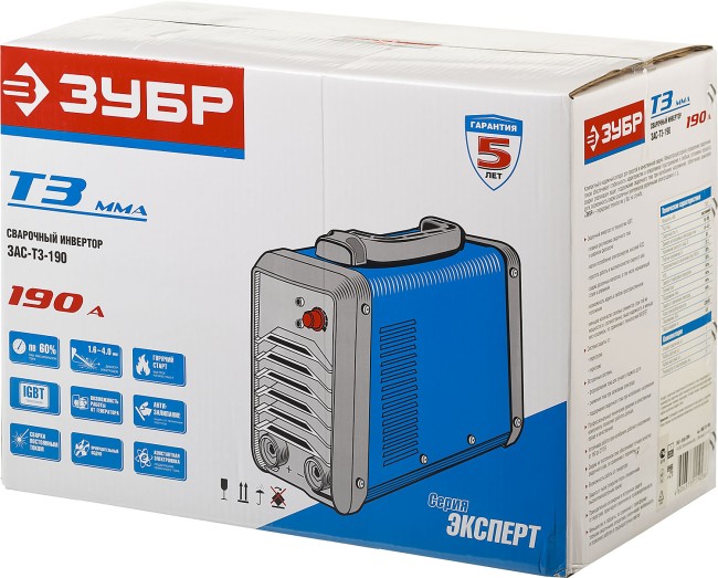 Инвертор сварочный, ЗУБР Профессионал ЗАС-Т3-190, 190А, MMA,IGBT,Форсаж дуги,Горячий старт,Антиприлипание эл-да,ПВ-60%,220В (мин 160В),  ( ЗАС-Т3-190 ) Инвертор сварочный, ЗУБР Профессионал ЗАС-Т3-190, 190А, MMA,IGBT,Форсаж дуги,Горячий старт,Антиприлипание эл-да,ПВ-60%,220В (мин 160В),  ( ЗАС-Т3-190 )
